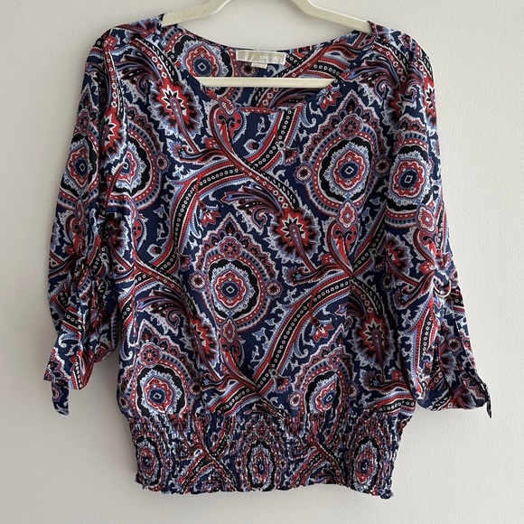 Michael Kors Multicolor Paisley Roll Tab Sleeve Smocked Blouse, Size Large - Picture 2 of 16